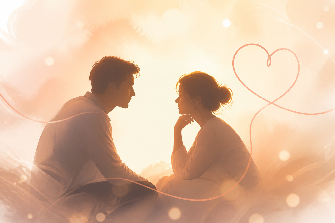 Soft illustration of two people in calm conversation, warm peach light and a heart-line accent